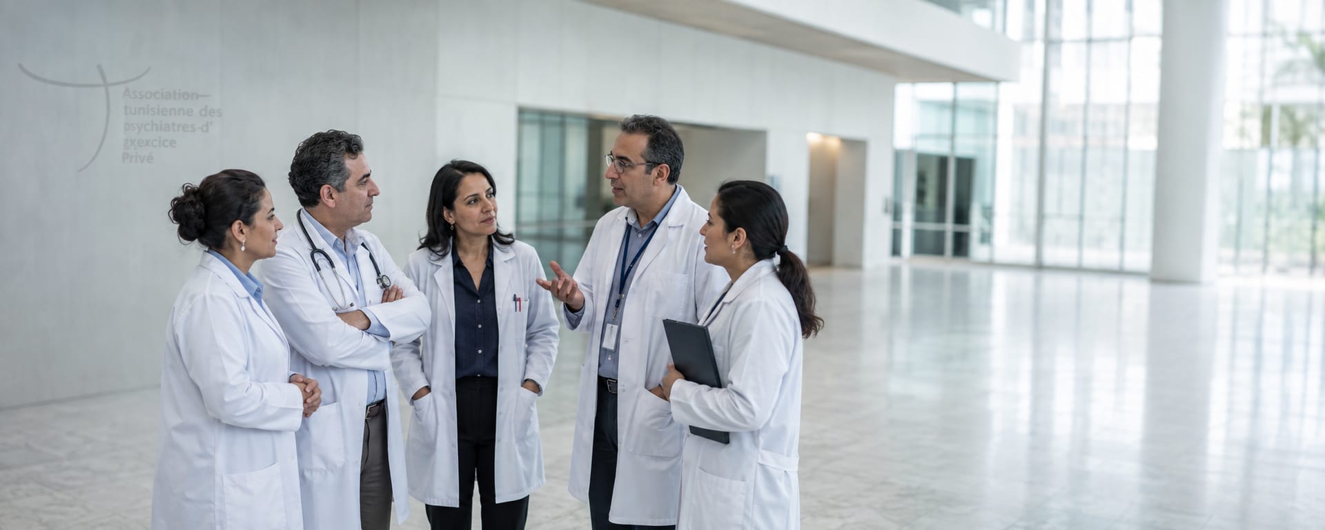 Cinq psychiatres en blouse blanche en pleine discussion dans le hall d'un centre de congrès